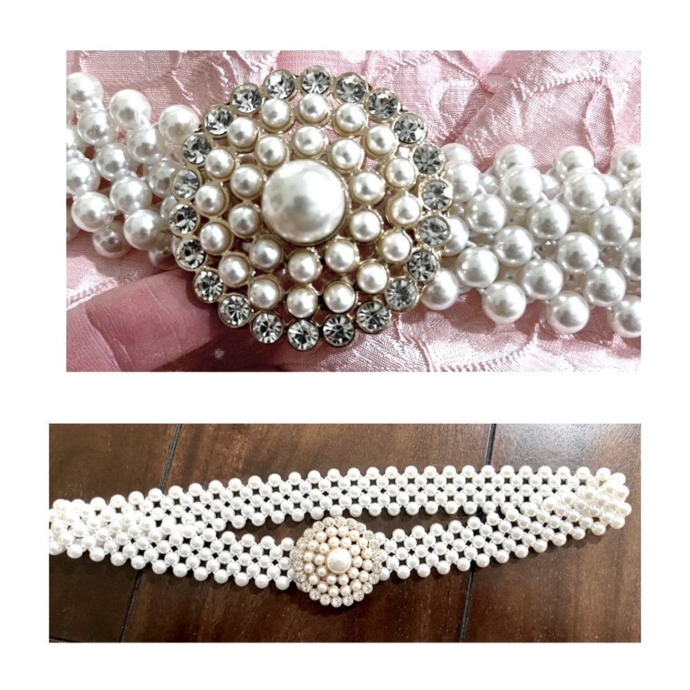 Vintage Pearl Stretch Statement Belt Rhinestone Medallion S M